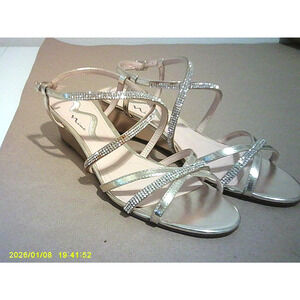 Nina Silver Metallic Rhinestone Strappy Wedge Dress Sandals Leather Women’s 7M